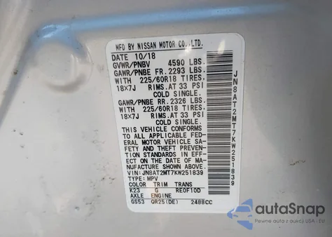 2019 Nissan Rogue Sv из США, поврежденный, VIN JN8AT2MT7KW251839